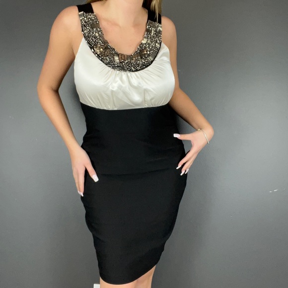 B&W Neck Embellishment Dress - Picture 2 of 8